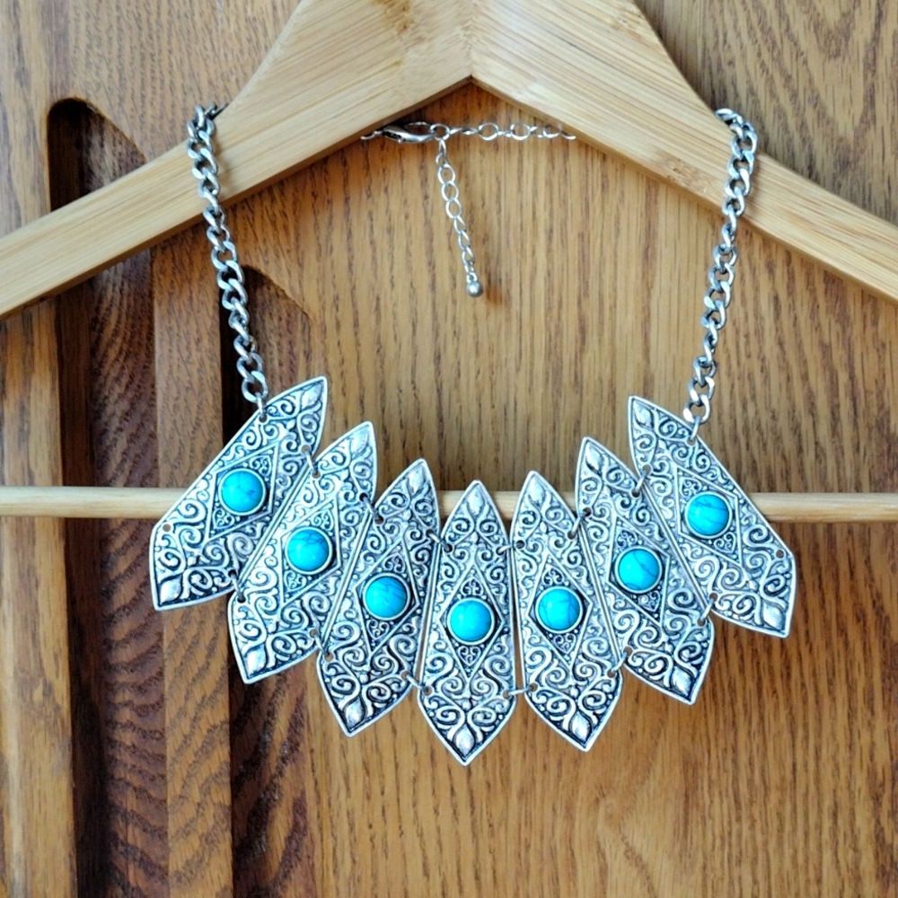 Boho silver and faux turquoise inlaid beaded statement necklace